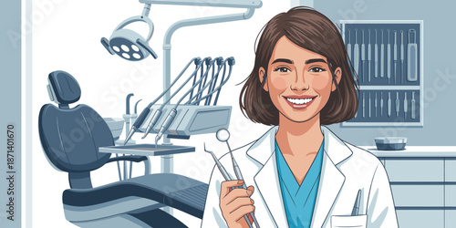 Smiling dentist holding dental instruments in modern clinic illustration of female doctor in uniform with equipment for teeth treatment oral hygiene and healthcare in medical practice for advertising