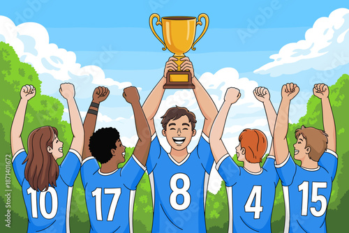 Cartoon soccer team celebrating victory with gold trophy cup outdoor joyful players with arms raised successful winning championship in youth sports competition cheerful teamwork illustration for kids