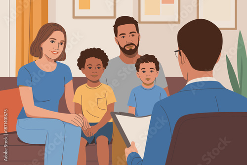 Family at Professional Counseling Session with Therapist for Mental Health Support Psychological Guidance Diverse Parents and Children Seeking Advice in Modern Office for Corporate Wellness Programs