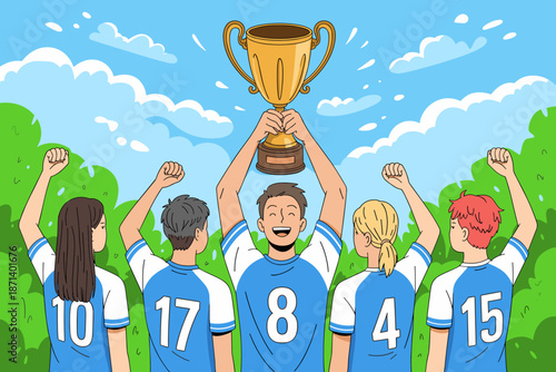 Victorious diverse soccer team celebrating championship win raising golden trophy outdoors in sunny park diverse group of athletes achieving success teamwork and collaboration in sports illustration f