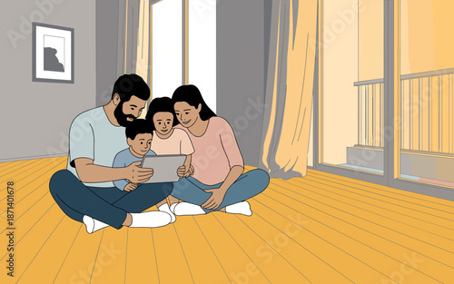 Happy diverse family using tablet computer together in modern living room at home parents and children enjoying online content watching movies educational videos communication technology concept for l