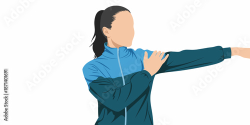 Athletic woman stretching arm shoulder muscles in sportswear active lifestyle fitness workout exercises training warm up routine illustration for health and wellness physiotherapy physical therapy inj