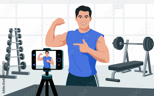Athletic man fitness influencer streaming workout live on smartphone in gym showing muscles professional personal trainer recording video demonstration for social media fitness app tutorial healthy li