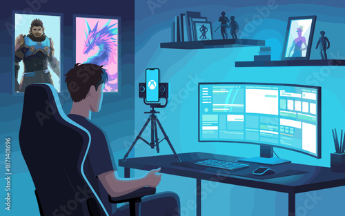 Young gamer boy streaming online video game playing from home studio setup using modern computer monitor and smartphone on tripod for social media creative content creation and digital entertainment t