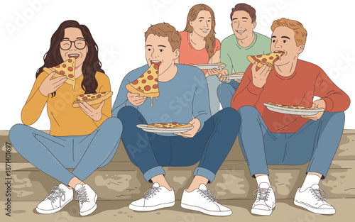 Diverse group of young adult friends enjoying pizza together outdoors sitting on steps illustration of casual millennial lifestyle people having a fun meal sharing a laugh youthful generation enjoying