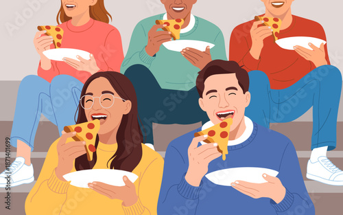 Diverse group of young adult friends enjoying pizza together sitting on stairs sharing food laughing and having fun in casual setting illustration for social gathering lifestyle content food and bever