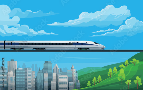 Modern high speed train traveling over city skyline and green hills transportation railway technology concept efficient public transit system urban landscape background for tourism travel and business