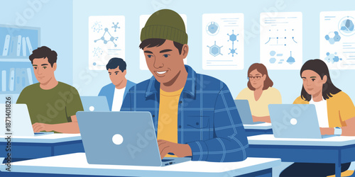 Diverse students working on laptops in modern classroom collaborative learning environment for higher education technology online course concept student teamwork project presentation for university co