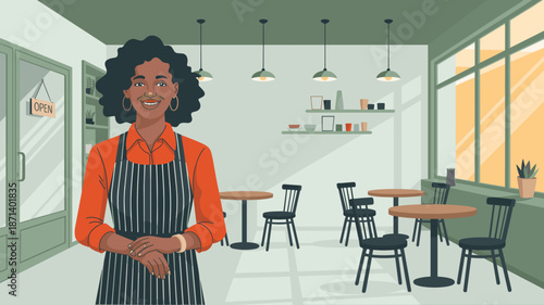 Smiling African American barista standing confidently in modern stylish coffee shop cafe ready to serve customers small business owner entrepreneur illustration for restaurant advertising food service