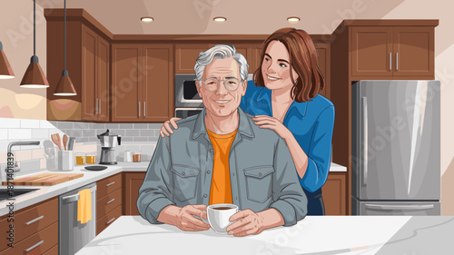 Loving daughter embracing senior father drinking coffee in modern kitchen happy family relationship illustration for healthcare advertising home care services retirement living and family support comp