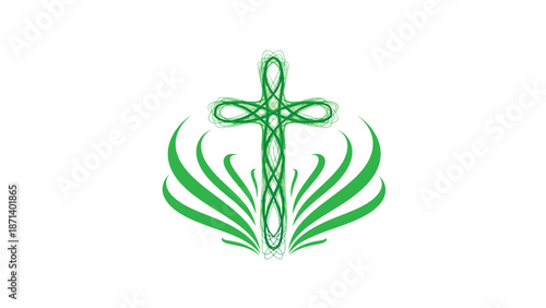 Green Cross Symbol with Abstract Leafy Design, Generative AI.