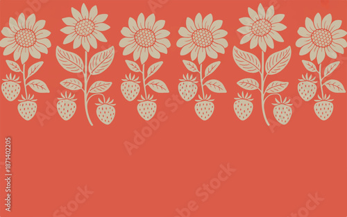 Strawberries and sunflowers pattern on orange background