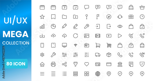 UI UX icon set, user interface and user experience symbols, modern flat design system icons for web mobile apps and dashboards