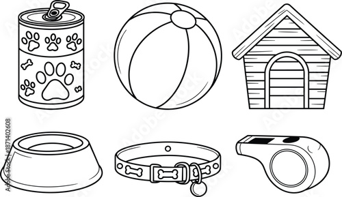 Set of pet care supply icons, dog food bowl, kennel ball and collar vector line illustration