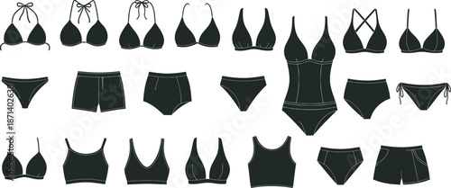 Collection of various black lingerie and swimwear items for women