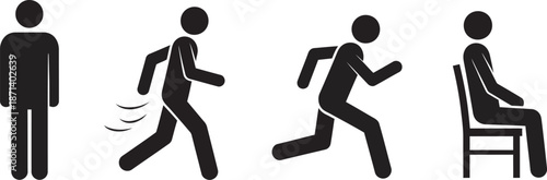 Four stick figures demonstrating a sequence of actions from standing to sitting