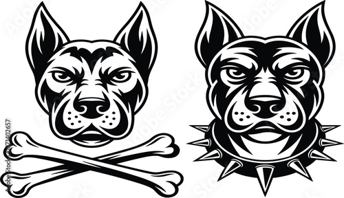 Guard dog head with crossbones and spiked collar, black and white pitbull mascot vector illustration