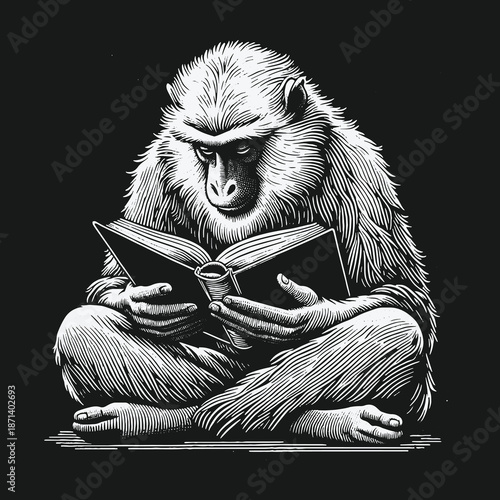 A Thoughtful Monkey Engrossed in Reading a Book.