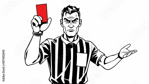 Stern Male Football Referee Holding Red Card and Gesturing, Isolated White Background