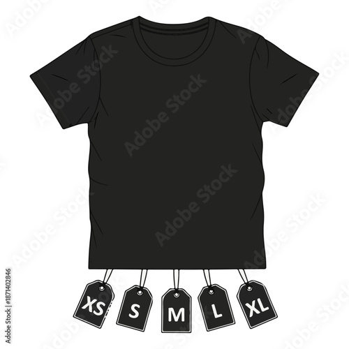 A front view of a blank black cotton t-shirt template for casual fashion clothing design featuring a classic short sleeve textile garment illustration for vector apparel wear