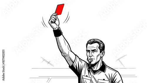 Male Soccer Referee Holding Red Card and Whistle on Isolated White Background, Authoritative Decision