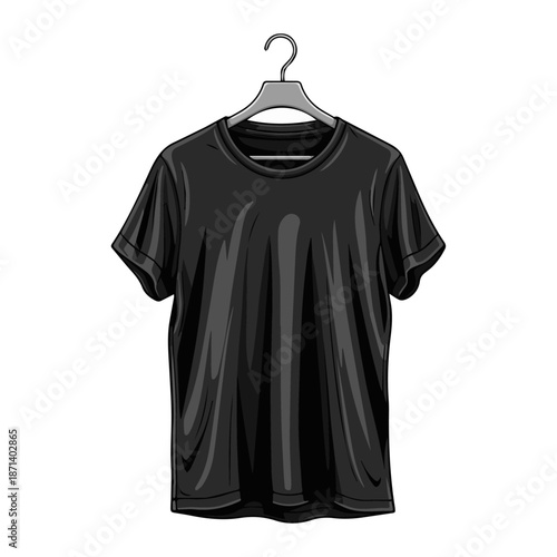 A front view of a blank black and white cotton t-shirt template for casual fashion apparel design, featuring isolated textile clothing icons and vector tee illustrations for sport and dress wear