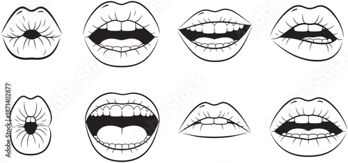 Various mouth expressions and lip shapes in black and white illustrations