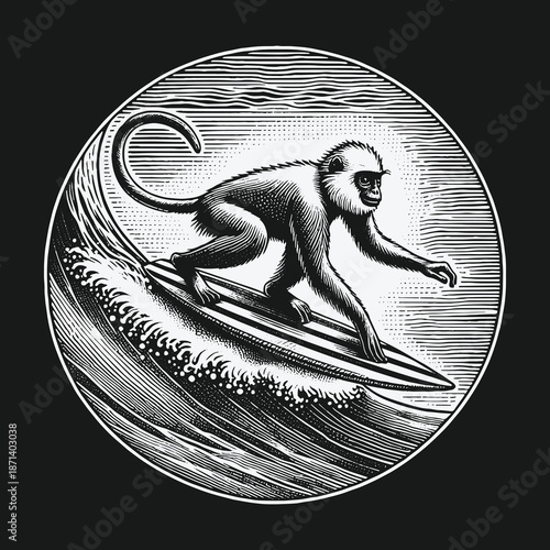Monkey Surfing a Wave: Vintage Engraving Style Illustration.