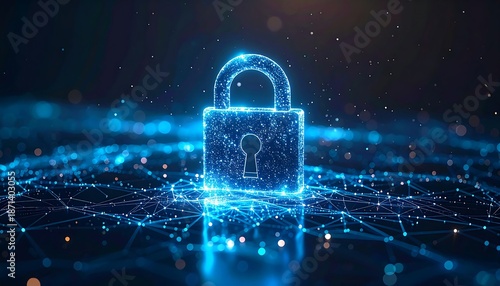 Cybersecurity concept with glowing digital lock over network