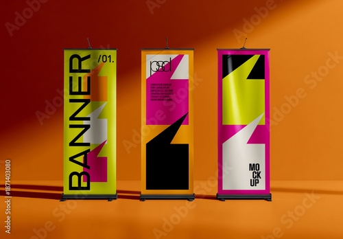 Three Vertical Roll Up Banner Mockup