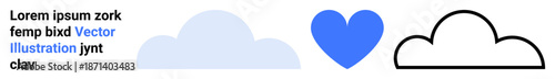 Love, communication, weather, design concepts, digital symbols, and cloud computing. A blue heart and two clouds in solid and outline styles. Love and communication concept