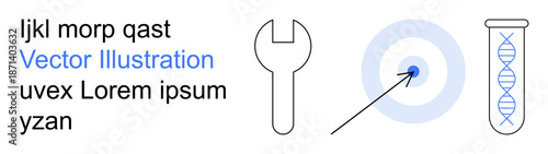 Engineering, precision, genetics, science, laboratory, and focus. A wrench, a target with an arrow and a test tube with a DNA strand. Precision and genetics concept