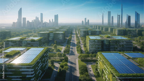 Sustainable cityscape with green buildings and solar panels on rooftops in modern urban landscape