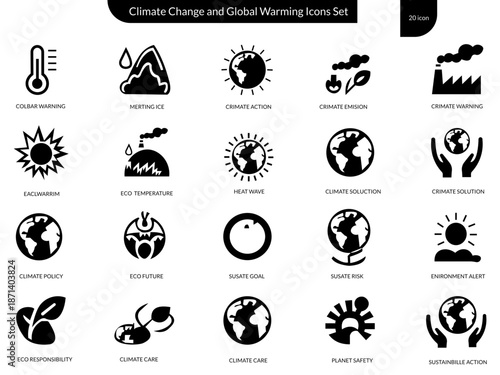 Climate Change and Global Warming Icons Set – Climate Action, Environment and Sustainability Symbols