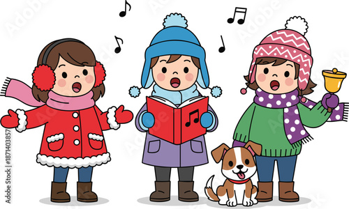 Cute cartoon children in winter clothes singing Christmas carols with music book and a dog, festive holiday season vector illustration.