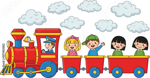 Cute cartoon red steam train with happy children passengers and a driver, traveling through a sky filled with fluffy clouds
