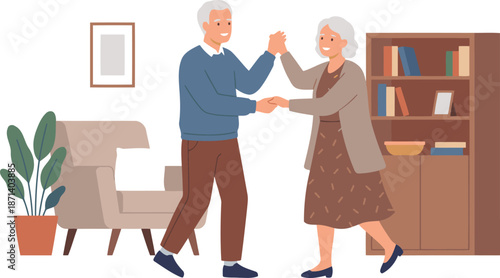 Elderly Couple Dancing Together in Living Room Flat Vector Illustration