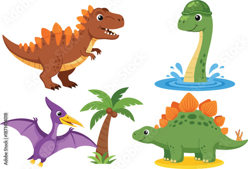 Collection of cute cartoon dinosaurs including T-Rex, Stegosaurus, Pterodactyl and Plesiosaur with palm tree vector illustration isolated on white.