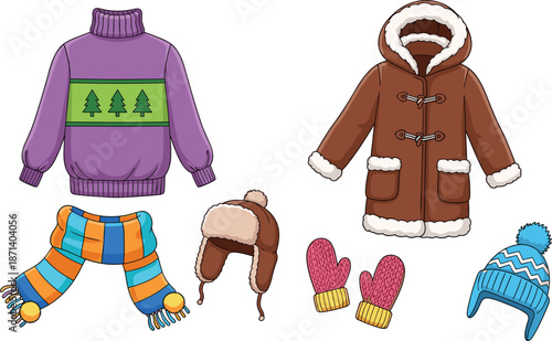 Collection of colorful warm winter clothing items featuring sweater jacket scarf mittens and hats vector illustration isolated on white background.
