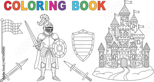 Coloring book page vector illustration of medieval knight with sword and castle fortress isolated on white background for kids.