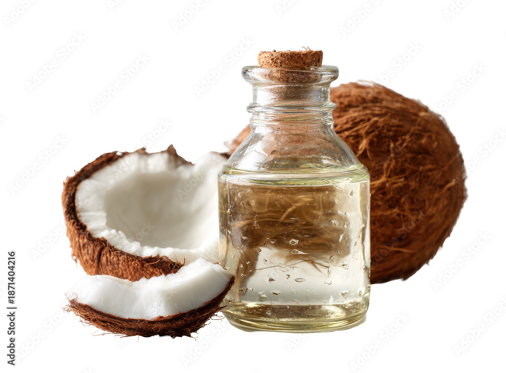 Obraz premium Coconut oil in a glass bottle, beside halved coconuts