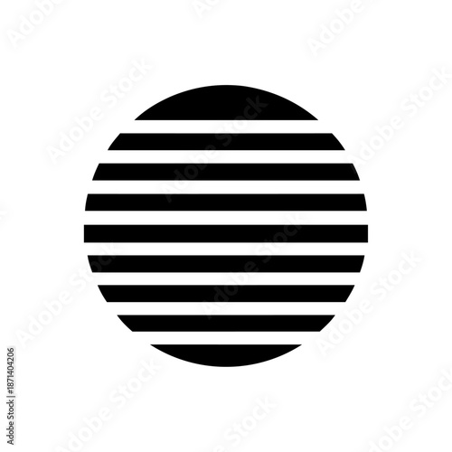 Striped circular horizon shape suggesting sunset or sunrise, representing calm, rhythm, continuity, and a balanced view of time and space.