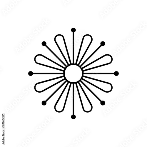 Radiating sun symbol with balanced lines and dots, expressing energy, positivity, vitality, balance, and creative focus.