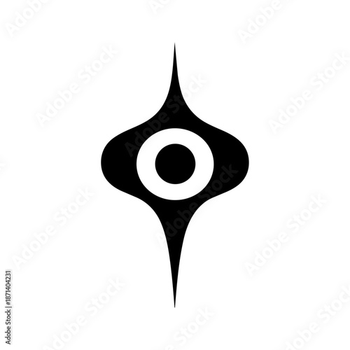 An abstract radiant form with a central circle and pointed vertical axis, representing focus, energy, awareness, and inner clarity.