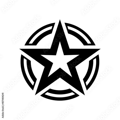 A bold star enclosed in a circular frame, symbolizing excellence, achievement, leadership, and high standards.