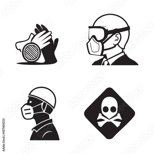 Personal protective equipment icons including gloves mask goggles and toxic hazard symbol