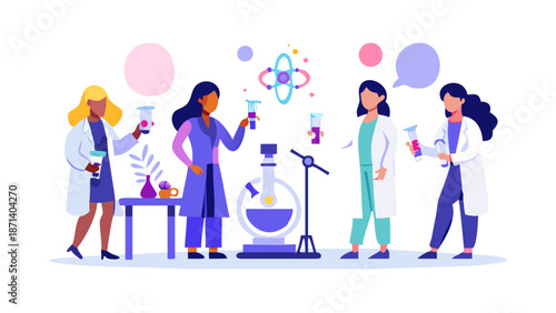 Diverse group of female scientists working in a modern laboratory setting conducting research and experiments