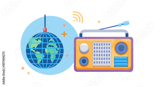 Retro radio broadcasting globe music and fun, vintage entertainment illustration