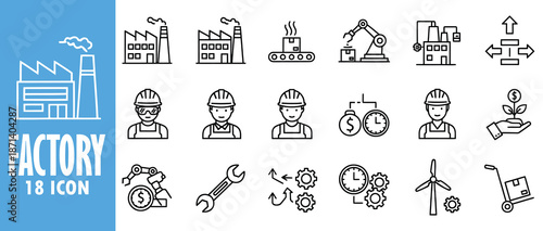 Factory and manufacturing Web Icon Set in Linear Style. Collection of manufacturing line icons, including automation, plants, industrial, production, machine, warehouse and more.