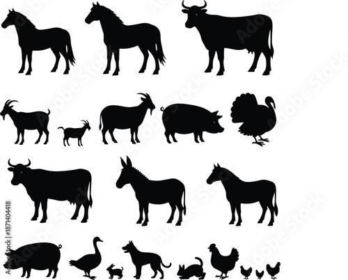 Black farm animal silhouettes set with horse cow pig goat and poultry isolated on white background for livestock graphic design